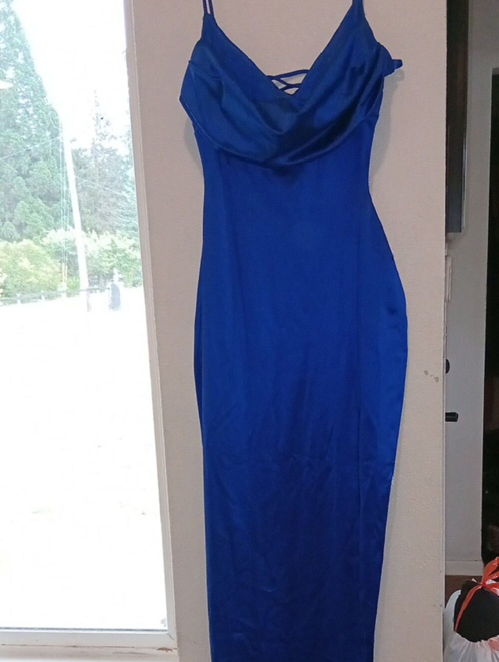 WORN ONCE Leg Slit Silk/Satin Cobalt Blue Maxi Slip Dress with Cowl Neck